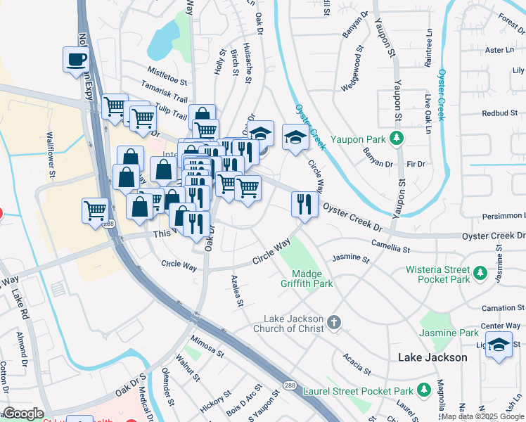map of restaurants, bars, coffee shops, grocery stores, and more near 126 Winding Way Street in Lake Jackson