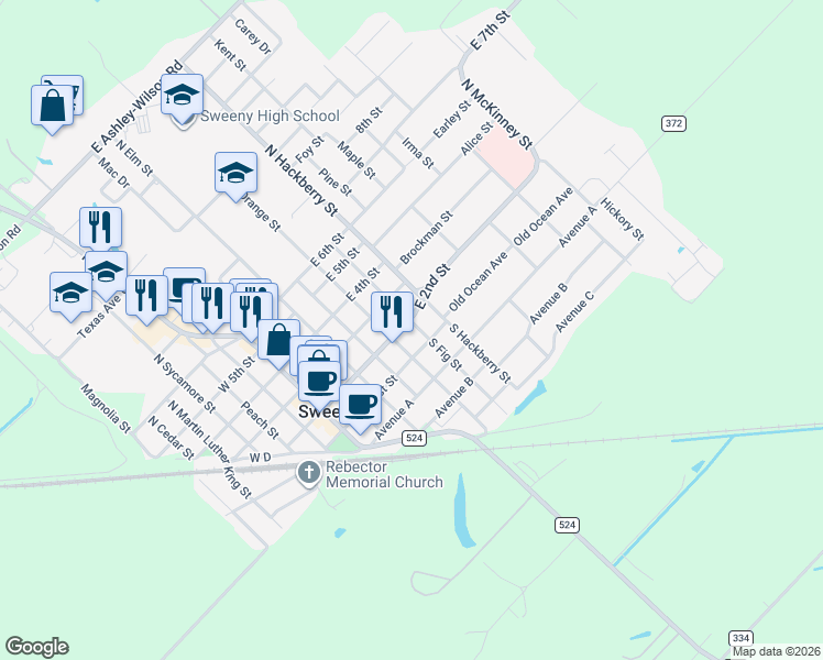 map of restaurants, bars, coffee shops, grocery stores, and more near 106 North Orange Street in Sweeny