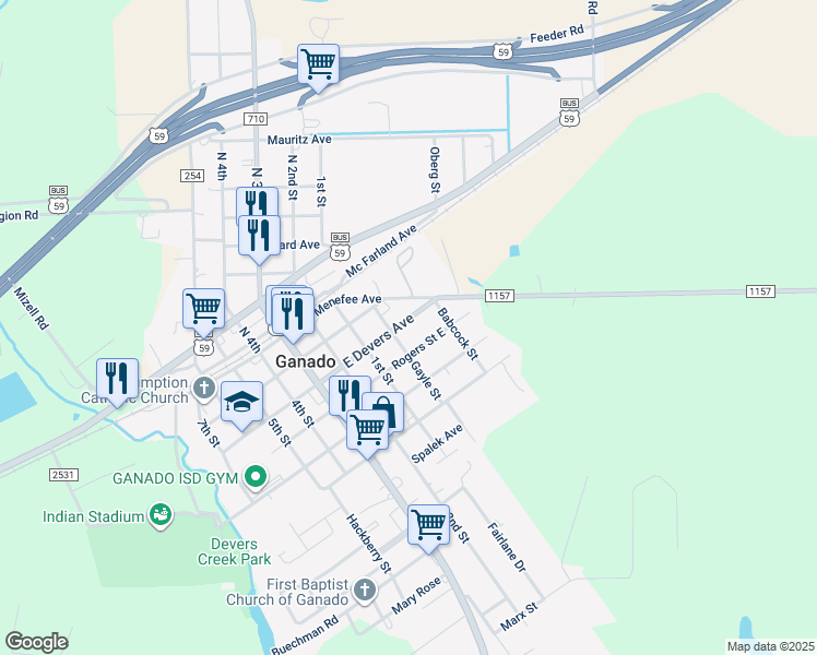 map of restaurants, bars, coffee shops, grocery stores, and more near 301 Gayle Street in Ganado