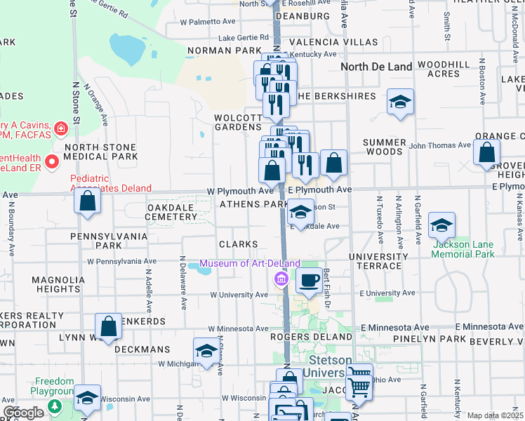 map of restaurants, bars, coffee shops, grocery stores, and more near 134 West Stetson Avenue in DeLand