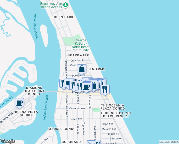 map of restaurants, bars, coffee shops, grocery stores, and more near 515 North Atlantic Avenue in New Smyrna Beach