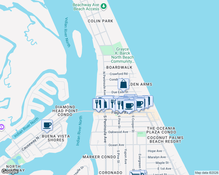 map of restaurants, bars, coffee shops, grocery stores, and more near 505 North Peninsula Avenue in New Smyrna Beach