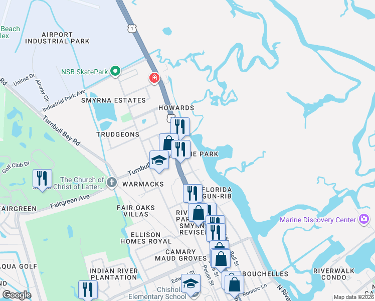 map of restaurants, bars, coffee shops, grocery stores, and more near 1011 Faulkner Street in New Smyrna Beach