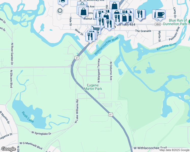 map of restaurants, bars, coffee shops, grocery stores, and more near 1728 West Henry Blair Lane in Dunnellon