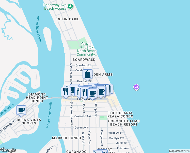 map of restaurants, bars, coffee shops, grocery stores, and more near 559 North Atlantic Avenue in New Smyrna Beach