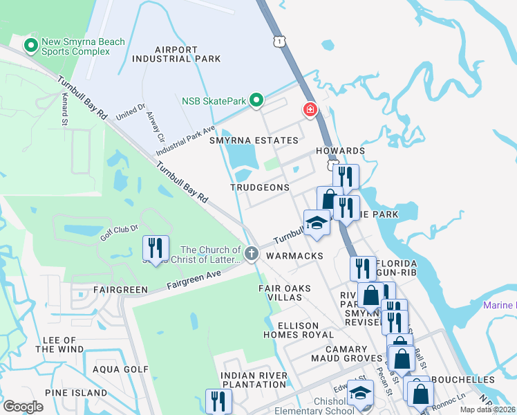 map of restaurants, bars, coffee shops, grocery stores, and more near 316 Trudgeon Drive in New Smyrna Beach
