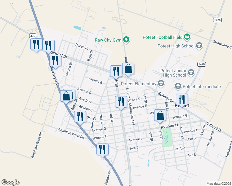 map of restaurants, bars, coffee shops, grocery stores, and more near 551 4th Street in Poteet
