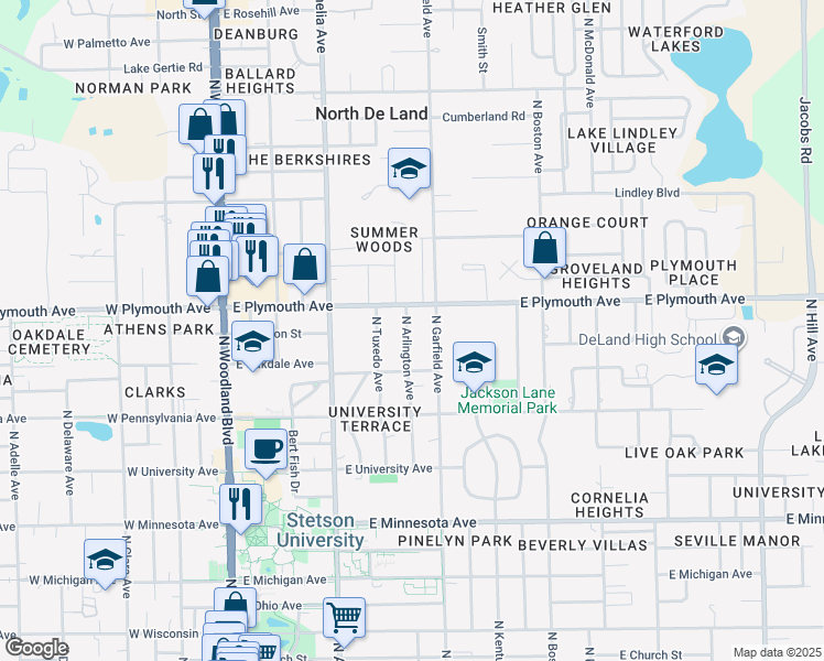 map of restaurants, bars, coffee shops, grocery stores, and more near 820 North Arlington Avenue in DeLand