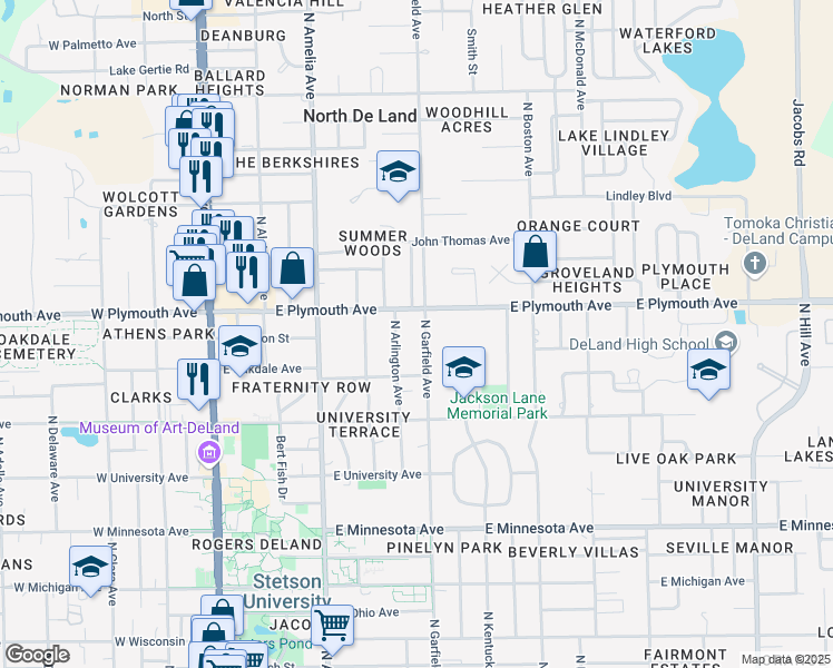 map of restaurants, bars, coffee shops, grocery stores, and more near 830 North Garfield Avenue in DeLand
