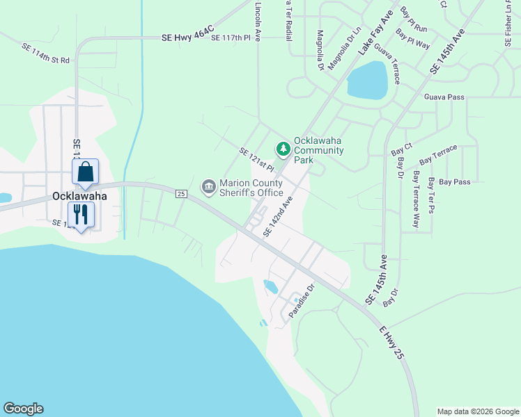 map of restaurants, bars, coffee shops, grocery stores, and more near 12452 Southeast 141st Circle in Ocklawaha