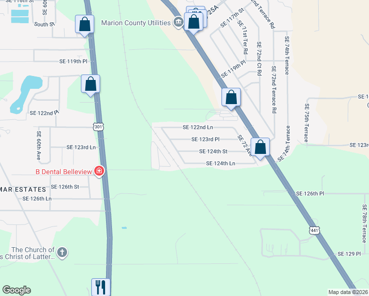 map of restaurants, bars, coffee shops, grocery stores, and more near 6915 Southeast 124th Street in Belleview