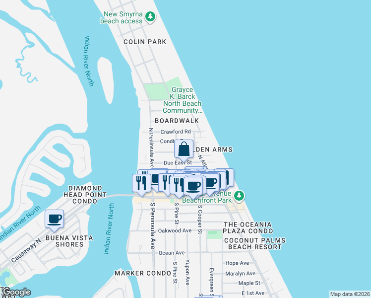 map of restaurants, bars, coffee shops, grocery stores, and more near 314 Due East Street in New Smyrna Beach