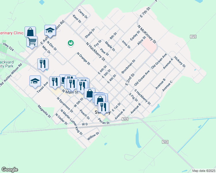map of restaurants, bars, coffee shops, grocery stores, and more near in Sweeny