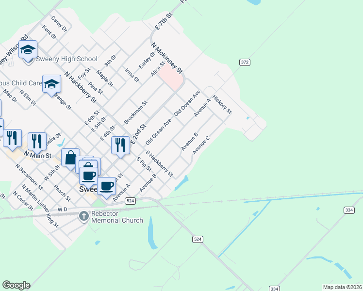 map of restaurants, bars, coffee shops, grocery stores, and more near 905 Avenue B in Sweeny