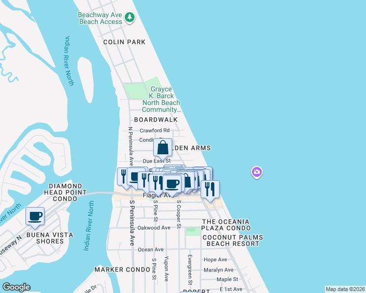map of restaurants, bars, coffee shops, grocery stores, and more near 705 North Atlantic Avenue in New Smyrna Beach