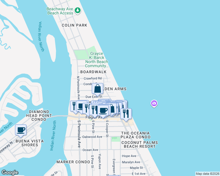 map of restaurants, bars, coffee shops, grocery stores, and more near 705 North Atlantic Avenue in New Smyrna Beach