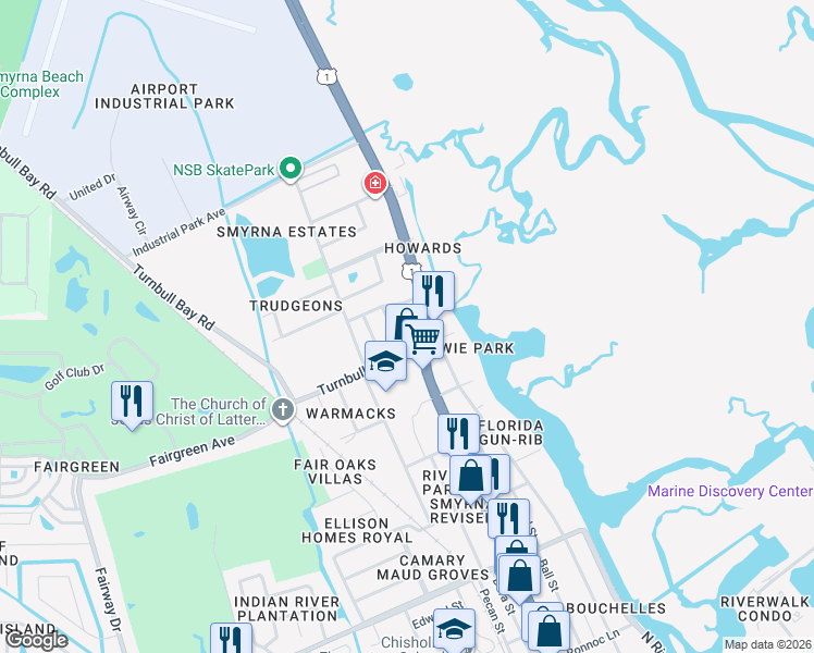 map of restaurants, bars, coffee shops, grocery stores, and more near 1145 North Dixie Freeway in New Smyrna Beach