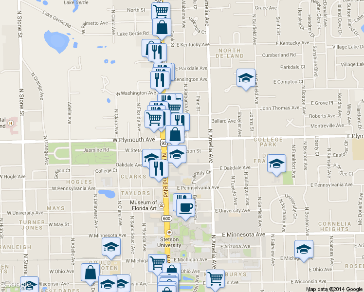 map of restaurants, bars, coffee shops, grocery stores, and more near 901 North Woodland Boulevard in DeLand