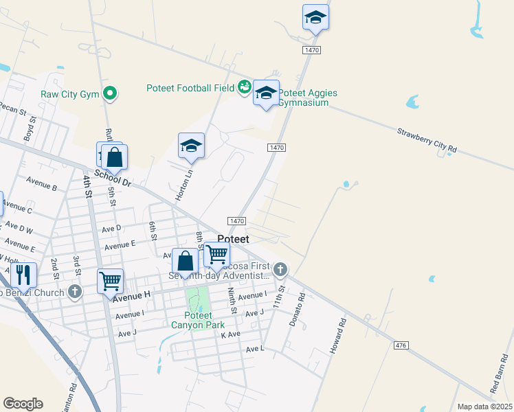 map of restaurants, bars, coffee shops, grocery stores, and more near 1020 Farm to Market Road 1470 in Poteet