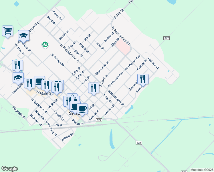 map of restaurants, bars, coffee shops, grocery stores, and more near 706 East 2nd Street in Sweeny