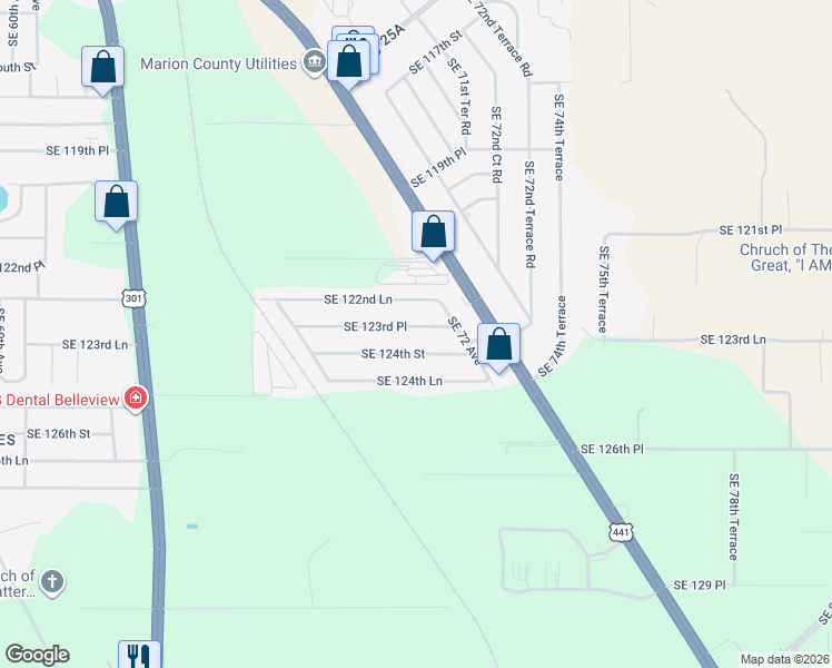 map of restaurants, bars, coffee shops, grocery stores, and more near 7105 Southeast 123rd Place in Belleview