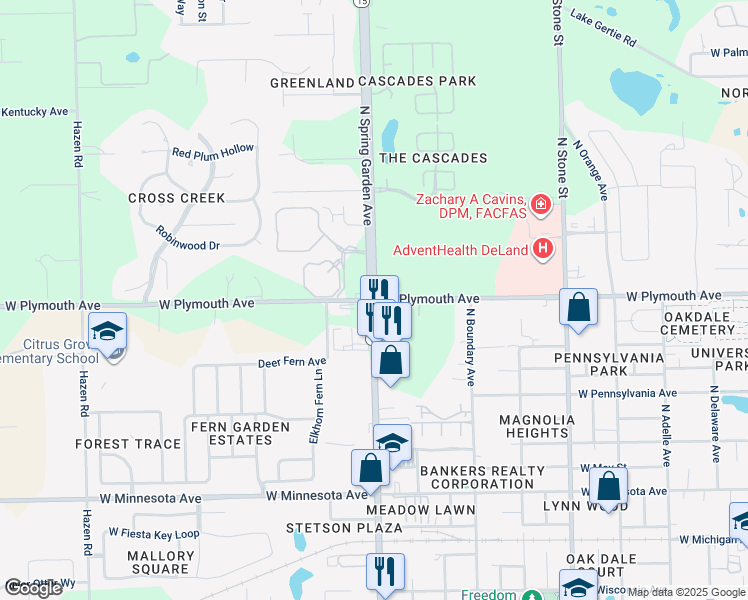 map of restaurants, bars, coffee shops, grocery stores, and more near 975 North Spring Garden Avenue in DeLand