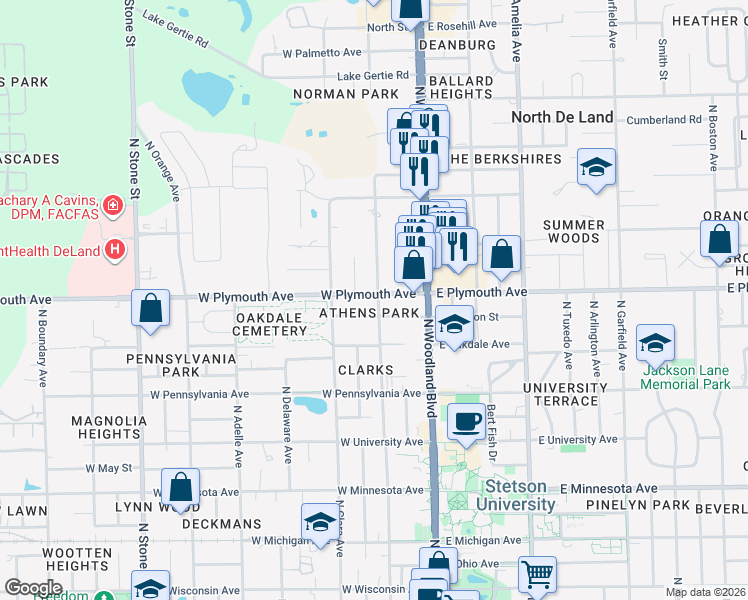 map of restaurants, bars, coffee shops, grocery stores, and more near 840 North Florida Avenue in DeLand
