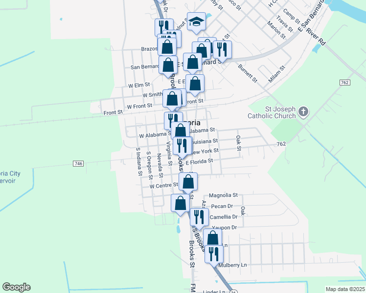 map of restaurants, bars, coffee shops, grocery stores, and more near 401 South Brooks Street in Brazoria
