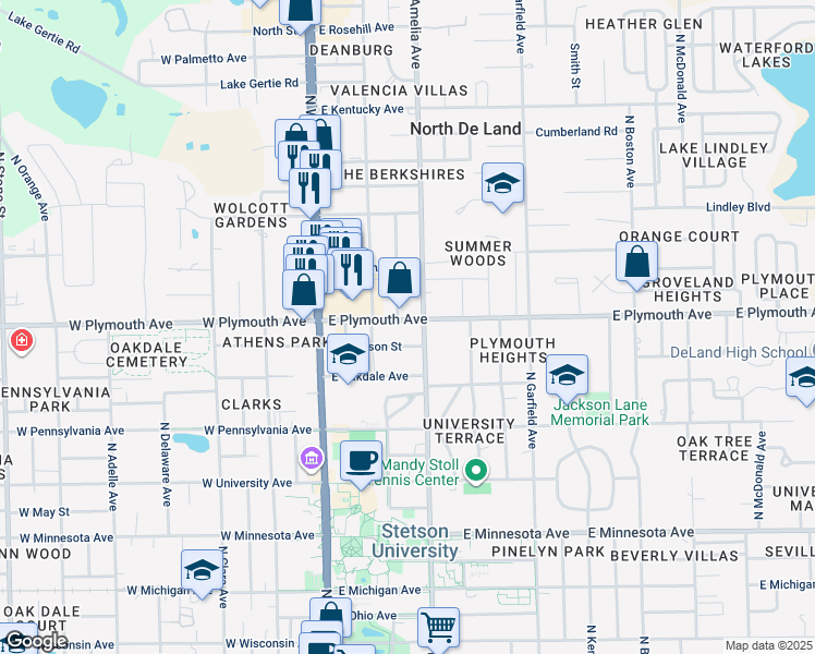 map of restaurants, bars, coffee shops, grocery stores, and more near 245 East Plymouth Avenue in DeLand