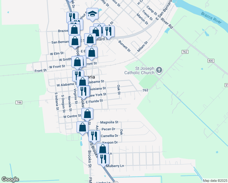 map of restaurants, bars, coffee shops, grocery stores, and more near 428 East Louisiana Street in Brazoria