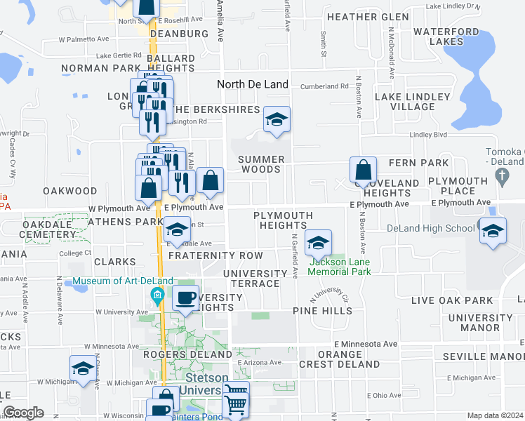 map of restaurants, bars, coffee shops, grocery stores, and more near 410 East Plymouth Avenue in DeLand