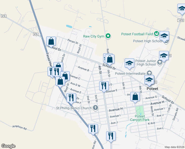 map of restaurants, bars, coffee shops, grocery stores, and more near 143 3rd Street in Poteet