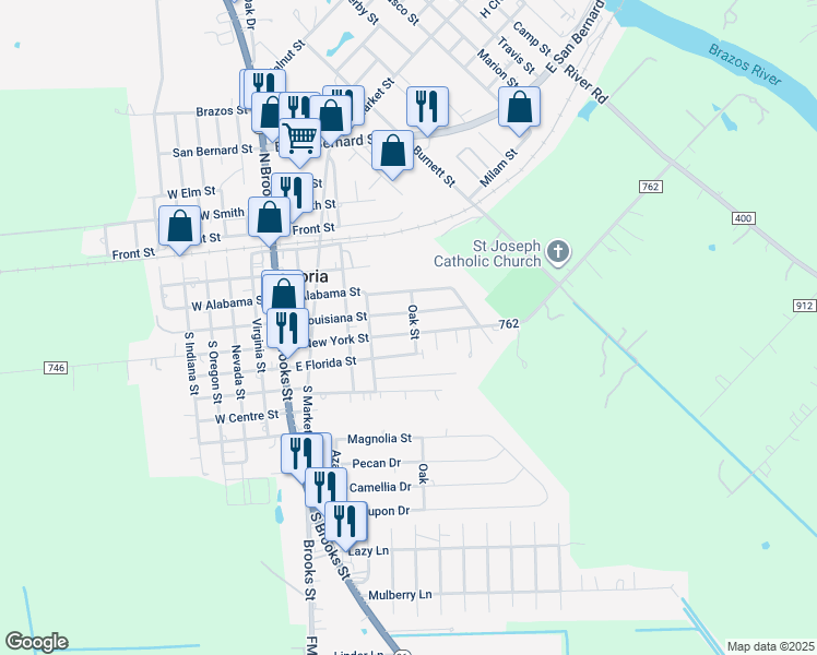 map of restaurants, bars, coffee shops, grocery stores, and more near 428 East Louisiana Street in Brazoria