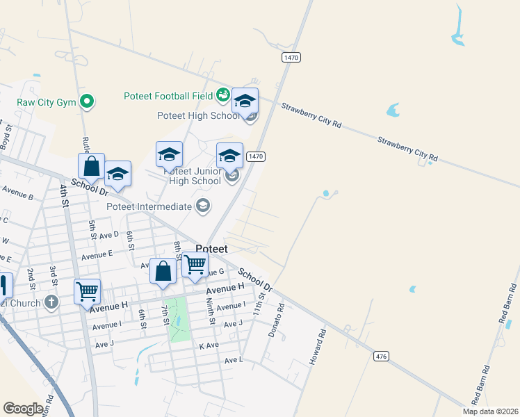 map of restaurants, bars, coffee shops, grocery stores, and more near 117 Growers Avenue in Poteet