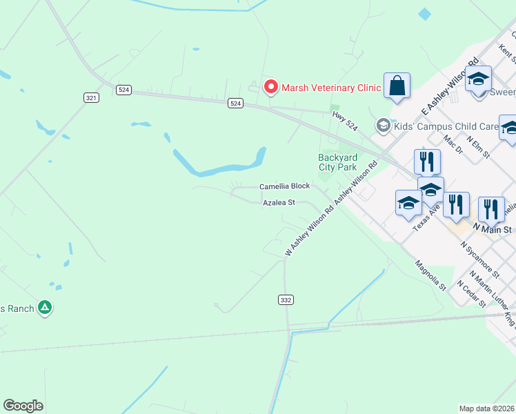 map of restaurants, bars, coffee shops, grocery stores, and more near 1500 Azalea Street in Sweeny