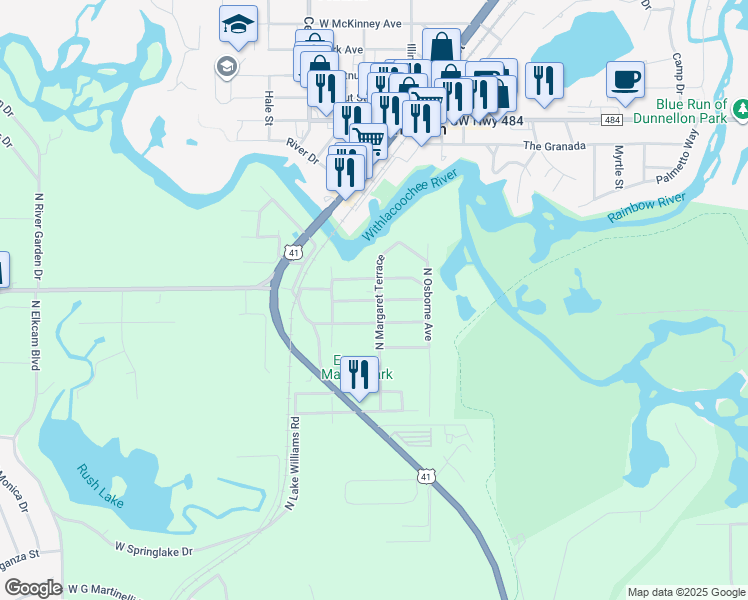 map of restaurants, bars, coffee shops, grocery stores, and more near 1635 West J Williams Lane in Dunnellon