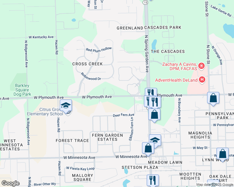 map of restaurants, bars, coffee shops, grocery stores, and more near 1319 West Plymouth Avenue in DeLand