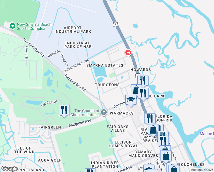 map of restaurants, bars, coffee shops, grocery stores, and more near 308 Roslyn Avenue in New Smyrna Beach