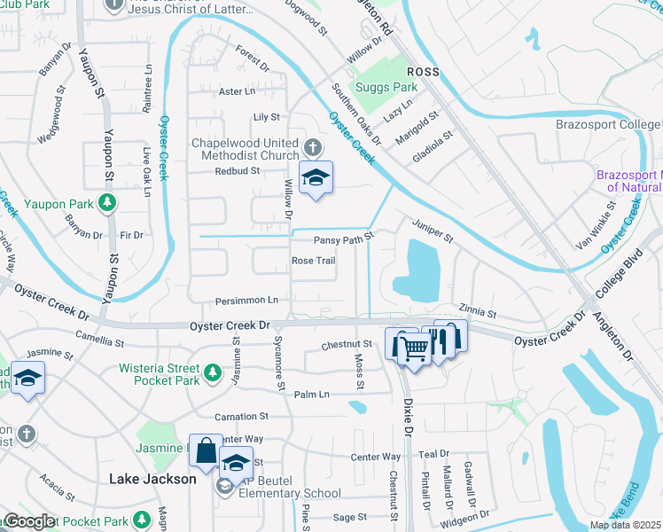 map of restaurants, bars, coffee shops, grocery stores, and more near 114 Rose Trail in Lake Jackson