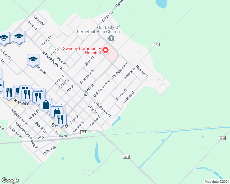 map of restaurants, bars, coffee shops, grocery stores, and more near 905 Avenue B in Sweeny