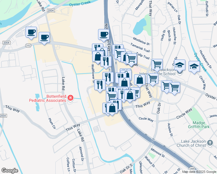 map of restaurants, bars, coffee shops, grocery stores, and more near 300 Texas 332 in Lake Jackson