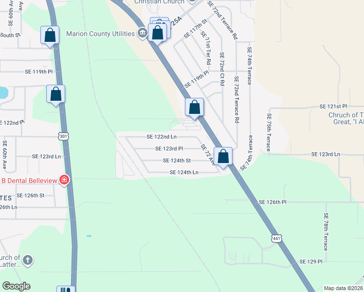 map of restaurants, bars, coffee shops, grocery stores, and more near 7105 Southeast 123rd Place in Belleview