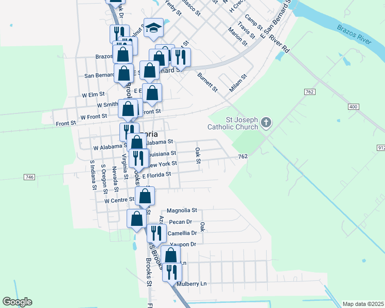map of restaurants, bars, coffee shops, grocery stores, and more near 428 East Louisiana Street in Brazoria
