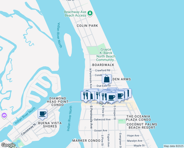 map of restaurants, bars, coffee shops, grocery stores, and more near 200 Condict Drive in New Smyrna Beach