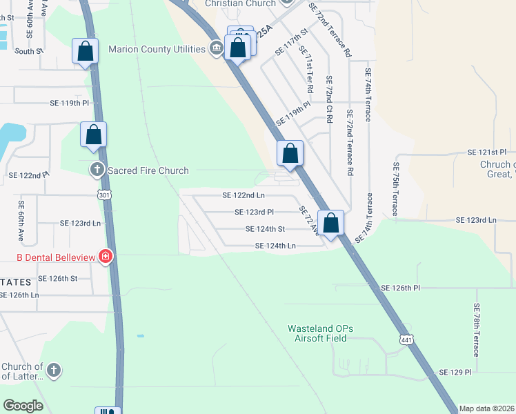 map of restaurants, bars, coffee shops, grocery stores, and more near 7051 Southeast 123rd Place in Belleview