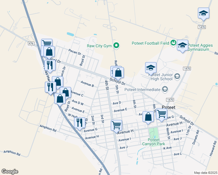 map of restaurants, bars, coffee shops, grocery stores, and more near 702 4th Street in Poteet