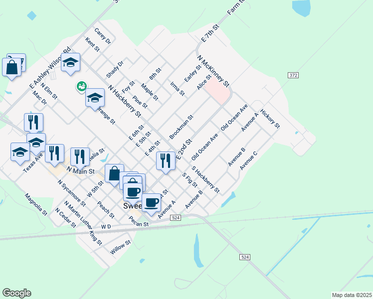 map of restaurants, bars, coffee shops, grocery stores, and more near 706 East 2nd Street in Sweeny