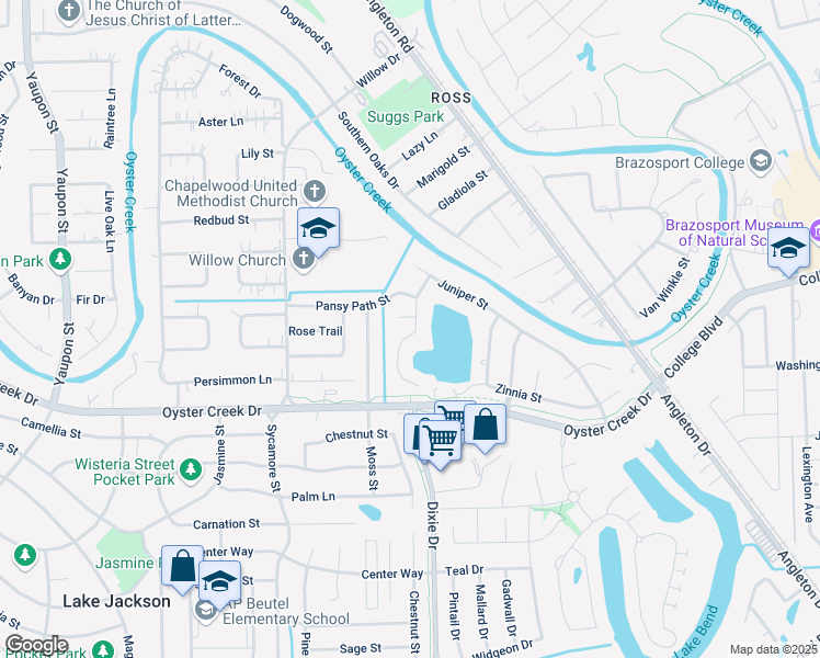 map of restaurants, bars, coffee shops, grocery stores, and more near 110 Waterlily Street in Lake Jackson
