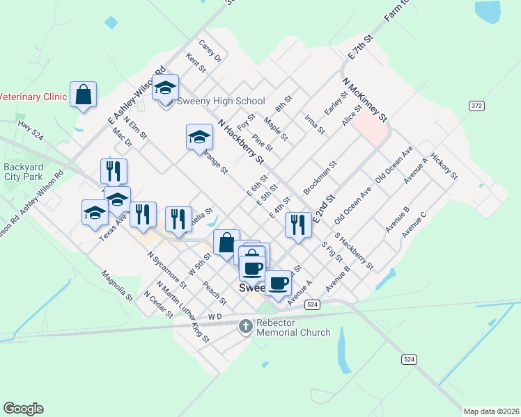 map of restaurants, bars, coffee shops, grocery stores, and more near 409 North Orange Street in Sweeny