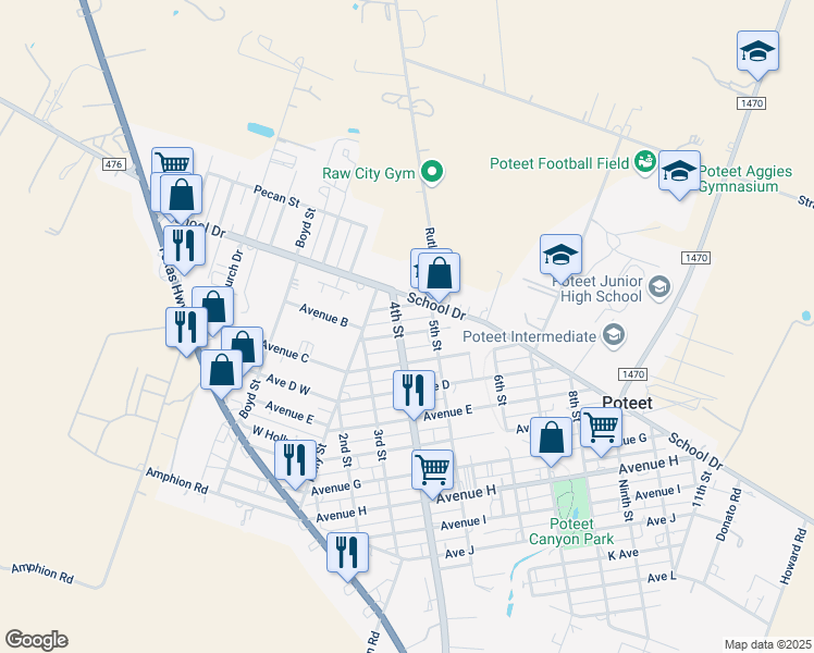 map of restaurants, bars, coffee shops, grocery stores, and more near 702 4th Street in Poteet